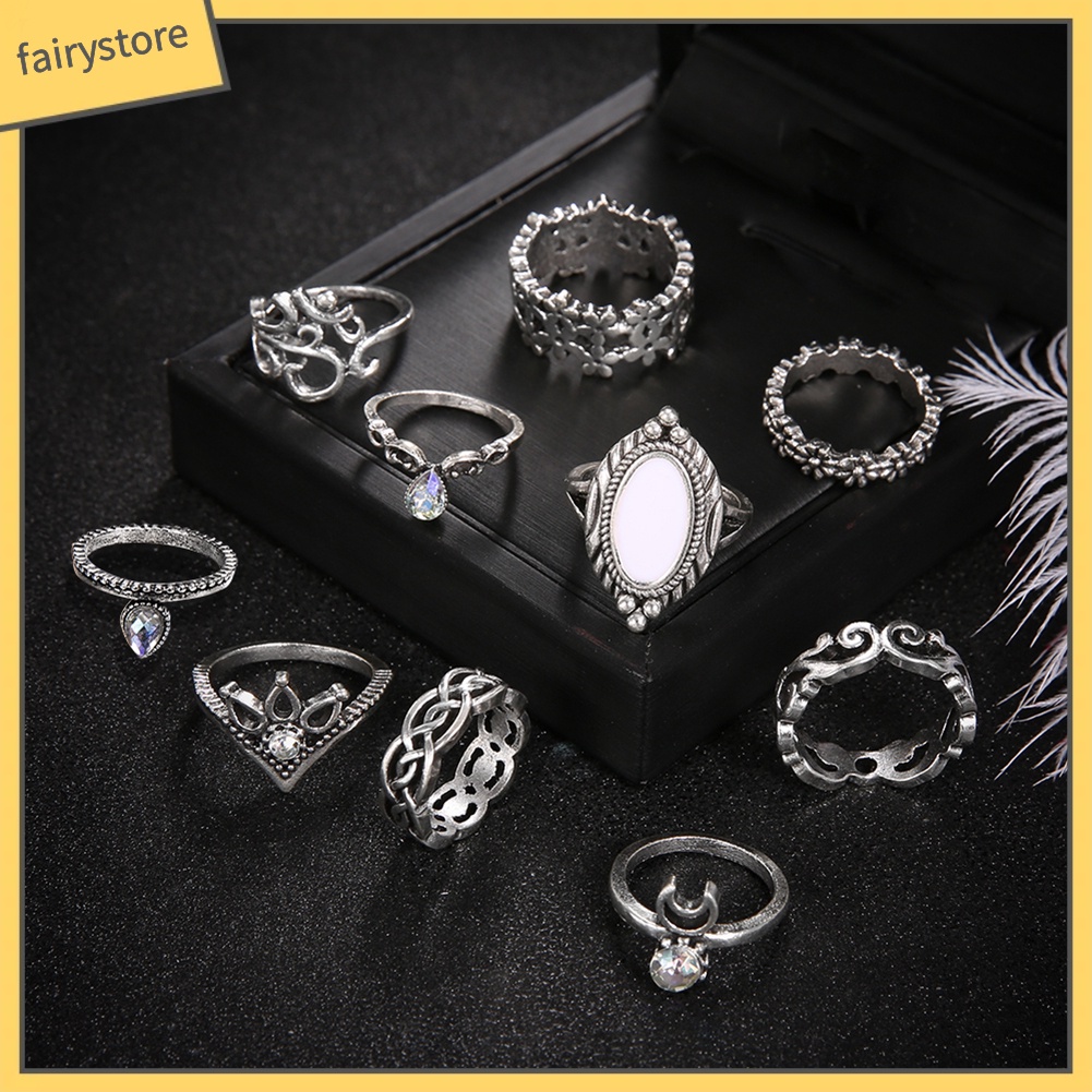 Set 10 nhẫn đeo đốt ngón tay đính đá opal nhân tạo phong cách retro