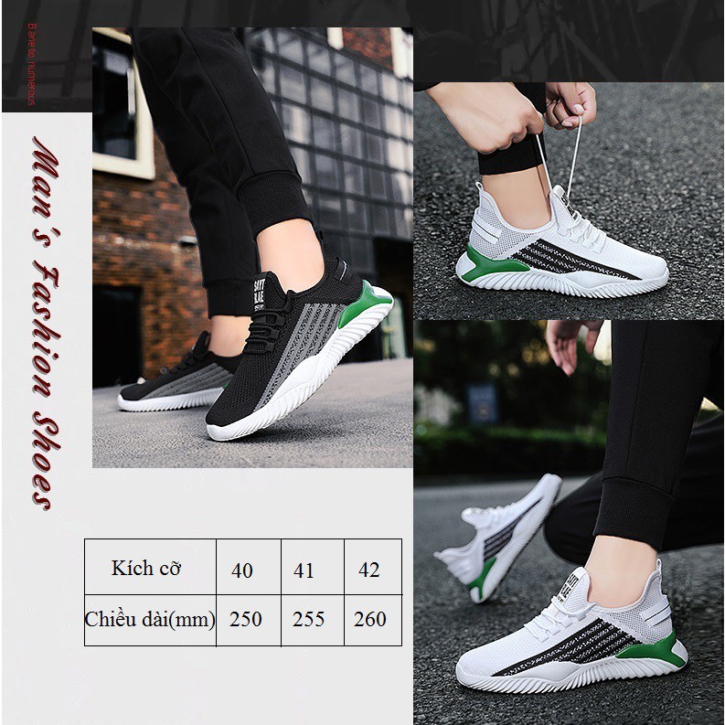 Giày thể thao nam giày sneaker nam W61 dệt sợi cao cấp êm chân thoáng khí phối màu đen trắng nổi bật