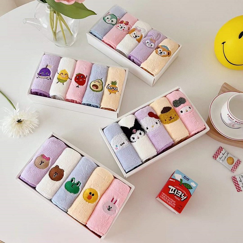 Set 5 Khăn Lau Mặt Bằng Vải Lông Cừu San Hô Họa Tiết Hoạt Hình Cinnamoroll My Melody Kuromi Linabell Sanrio Đáng Yêu