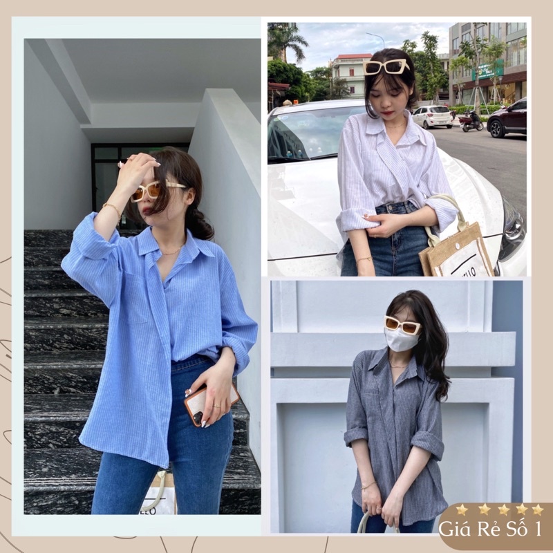 [Video] Áo sơ mi nữ cổ vest dài tay kẻ sọc form oversize 3 màu Trắng Xanh đen kiểu hàn quốc vintage ulzzang