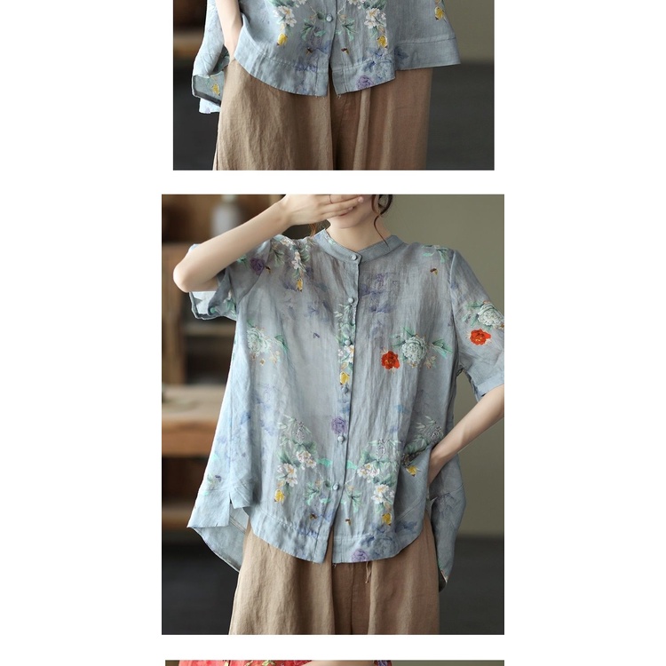 Áo Sơ Mi Cotton Lanh Tay Ngắn Dáng Rộng In Họa Tiết Kỹ Thuật Số Thời Trang Mùa Hè Mới 2022