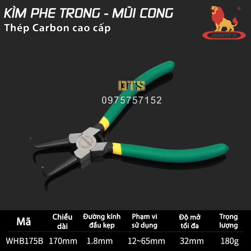 Kìm mở phe trong mũi cong công nghiệp WYNN'S 7 inch/ 170mm, kìm phanh thép Carbon cao cấp, kềm mở phe mũi cong mở trong