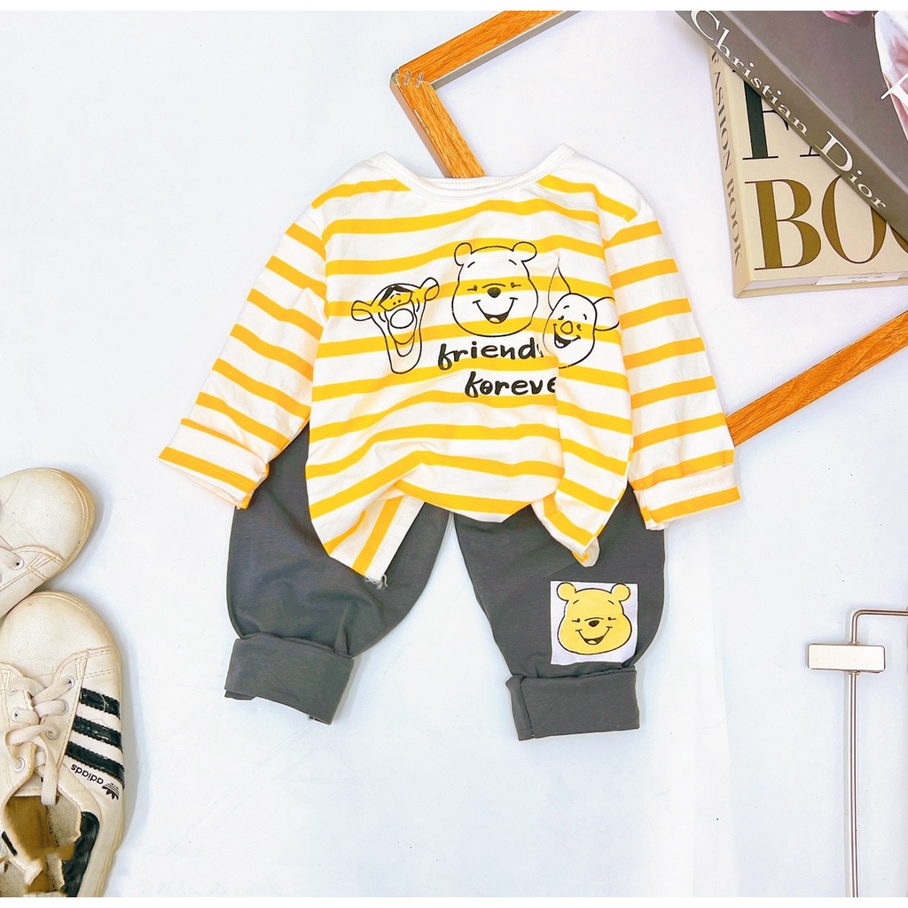 Bộ quần áo bé trai, bé gái, set bộ quần áo dài tay chất cotton họa tiết gấu Pooh cho bé