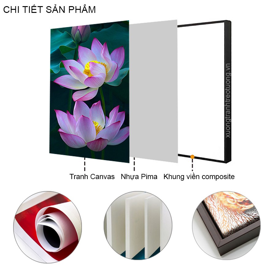 Tranh canvas treo tường - Bộ Tranh Hoa Thủy Mặc -vải canvas kim tuyến dán Pima, khung viền composite, in UV KTS