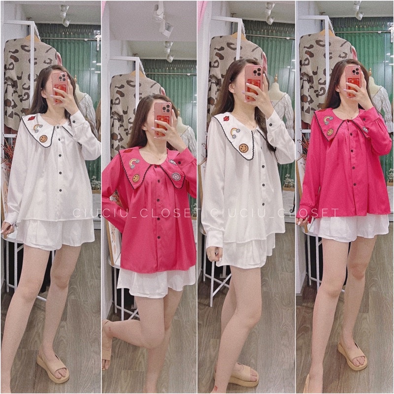Áo Sơ Mi Babydoll Dáng Suông Thêu Sticker 2Màu( SẴN)