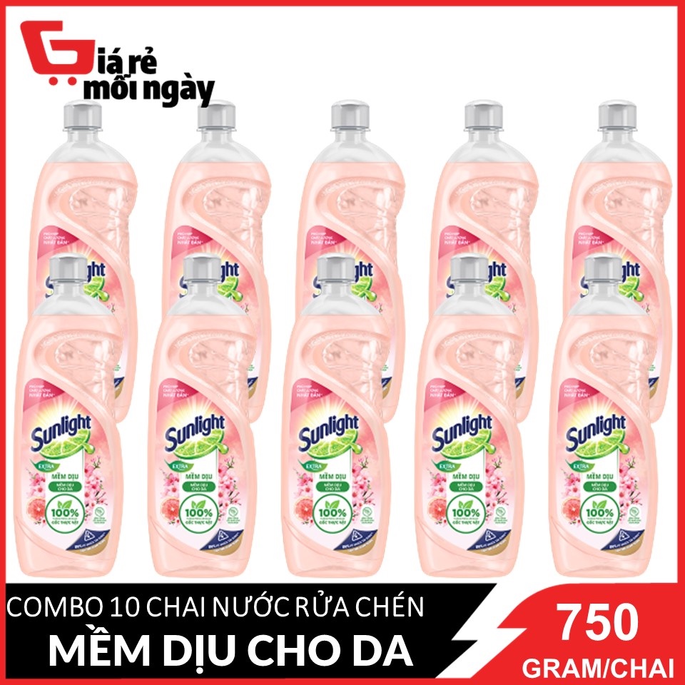 COMBO 10 Chai Nước rửa chén Sunlight Mềm Dịu Hương Bưởi Tây &amp; Hoa Anh Đào chai 750gx10