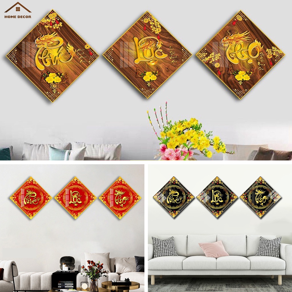 Bộ 3 tranh Phúc - Lộc - Thọ, tranh tráng gương 5D phong thủy, trang trí phòng khách, cầu thang, bàn thờ.