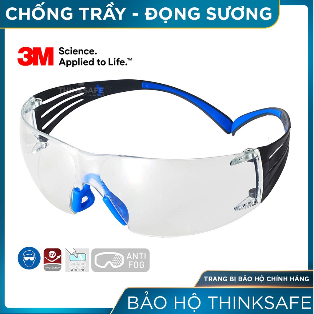 Kính bảo hộ lao động 3M Thinksafe, chống bụi bảo vệ mắt, chống tia UV đi đường, màu trắng trong suốt, chống lóa