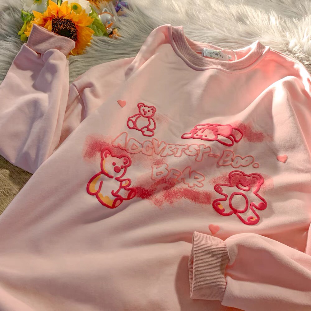 Áo Sweater Màu Hồng In Hoạt Hình Form Rộng Chất Nỉ Quảng Châu Xịn Ulzzang | BigBuy360 - bigbuy360.vn