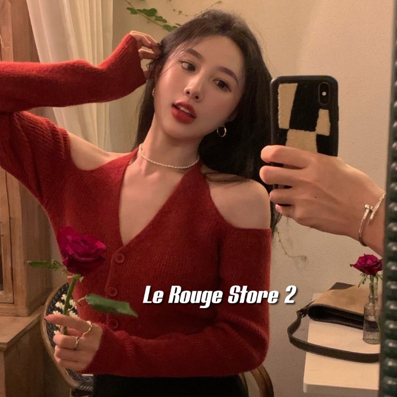 (Sẵn ảnh thật) Áo kiểu nữ đẹp màu đỏ đậm chất dệt kim len mềm hở vai sexy cột dây ở cổ phong cách retro HongKong