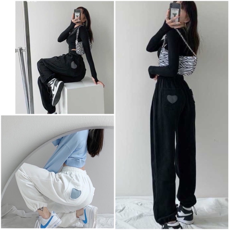 Quần Jogger Tim Túi Unisex Nữ Form Ống Rộng- Quần Thun Nỉ Thể Thao Bo Gấu 2 Màu Hot Hit