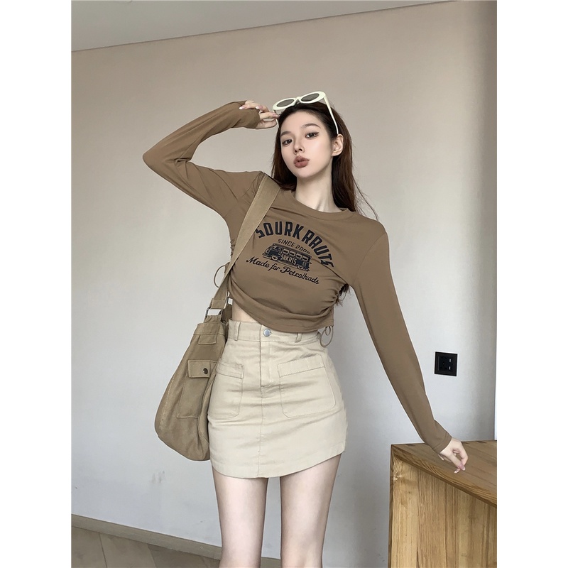 Áo Thun Tay Dài Dáng Ôm In Họa Tiết Kiểu retro Phối Dây Rút Phong Cách Hàn Quốc Thời Trang Cho Nữ