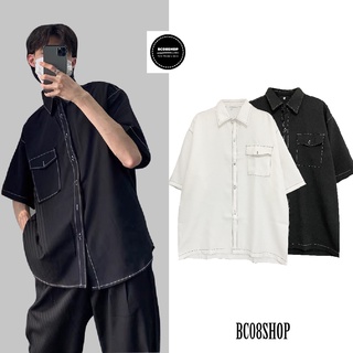 Áo Sơ Mi Nam Tay Lỡ Viền Chỉ Nổi Phong Cách Unisex 2 màu Đen Trắng BC321