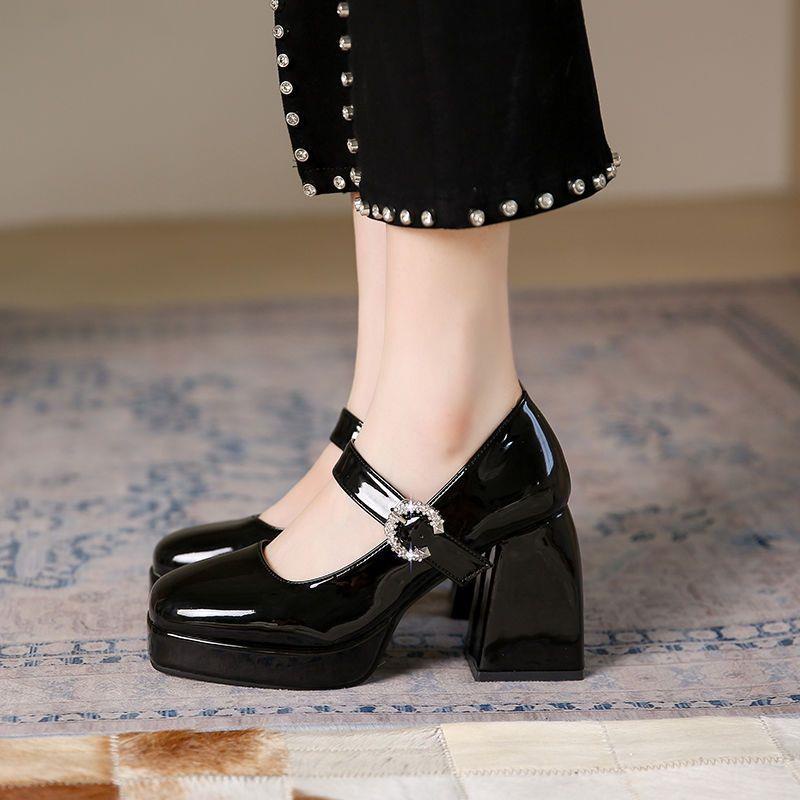 Giày Cao Gót Da Đế Xuồng Màu Đen Phong Cách retro Pháp