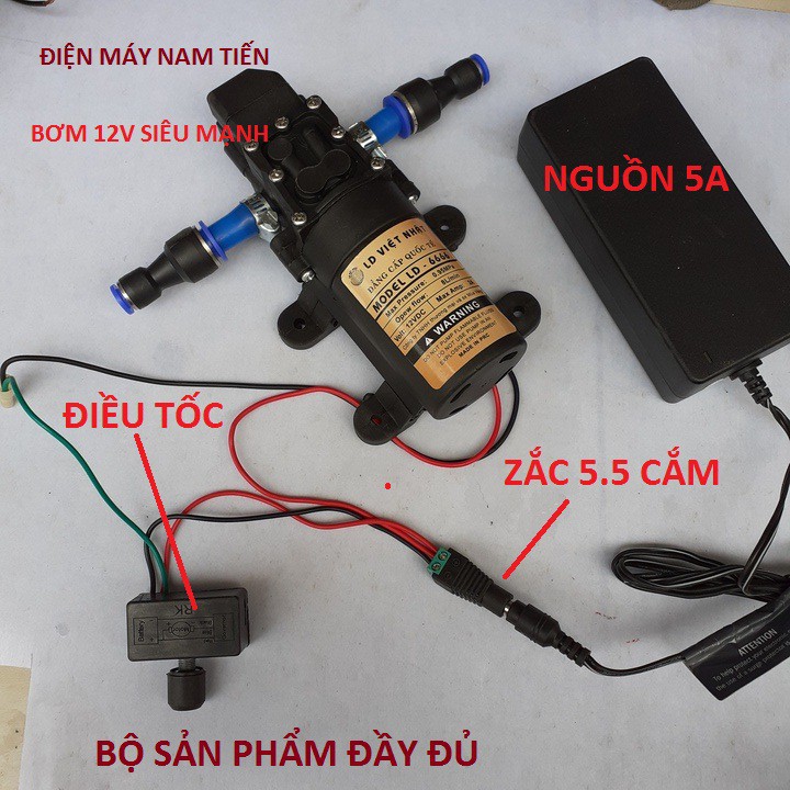 bơm phun sương mini 12v, bộ nguồn adapter 12v-5a, chiết áp điều chỉnh tốc độ, máy bơm tăng áp