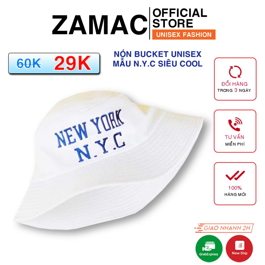 Nón bucket nam nữ tròn vành ZAMAC thêu New York City Trắng ZN11 NoBrandCotton