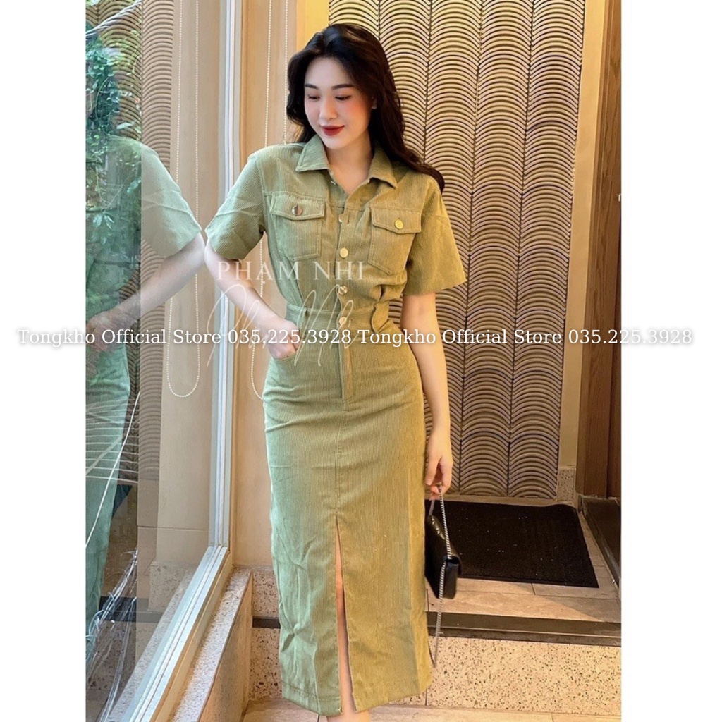 Đầm váy sơ mi nữ BIGSIZE váy sơ mi nhung tăm lì xẻ trước chun sau 552