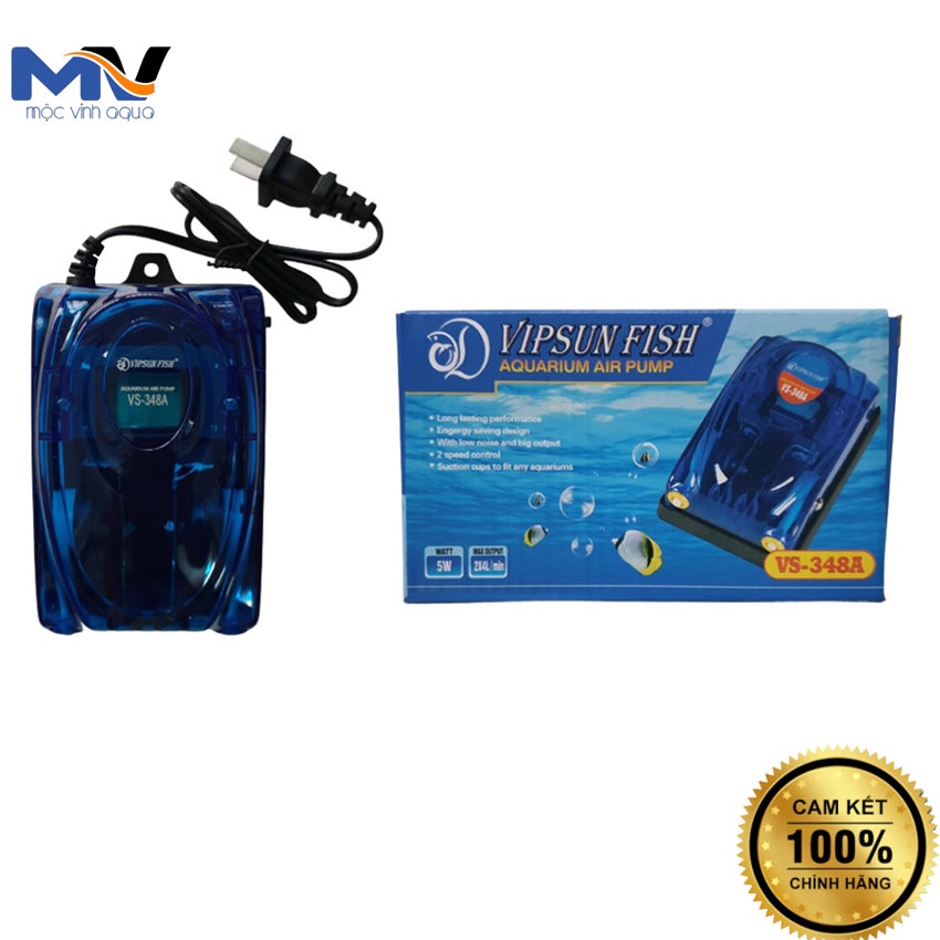 Máy sủi oxy hồ cá 2 vòi Vipsun siêu êm, nhỏ gọn