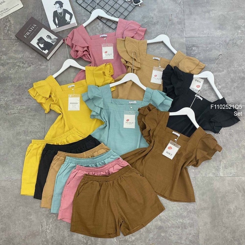 Set bộ lụa chéo đùi áo cổ vuông tay cánh tiên s1002