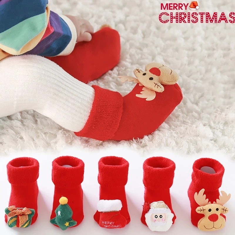 Đôi vớ ngắn bằng cotton dày dặn in họa tiết chủ đề Noel cho bé sơ sinh