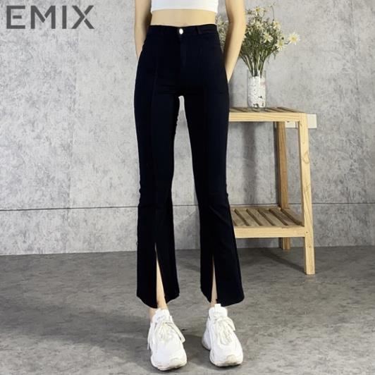 Quần jean giấy nữ cạp cao EMIX (màu đen), dáng dài 90cm, ống ôm và loe, xẻ trước, chất vải jean giấy co giãn 899 !