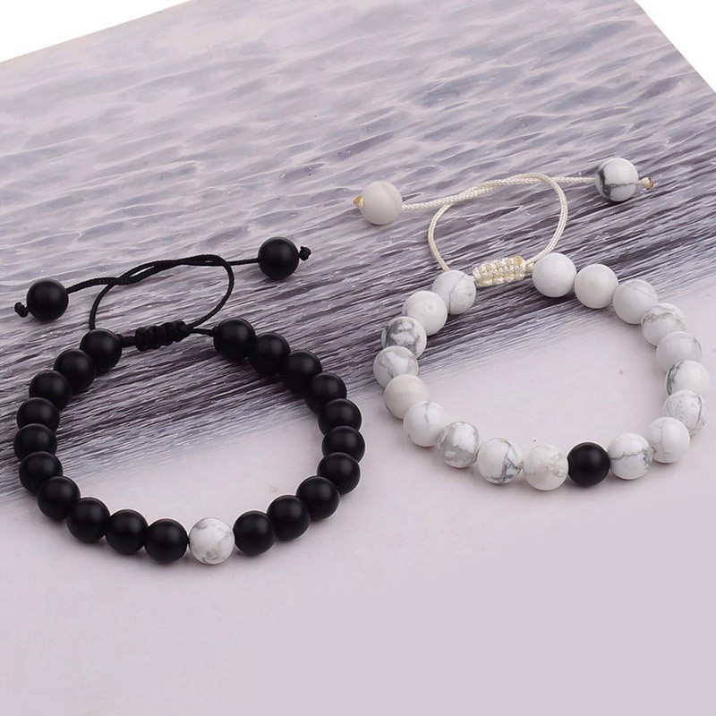 flowersqueen Vòng tay chuỗi hạt đá đen trắng tự nhiên phong cách cổ điển