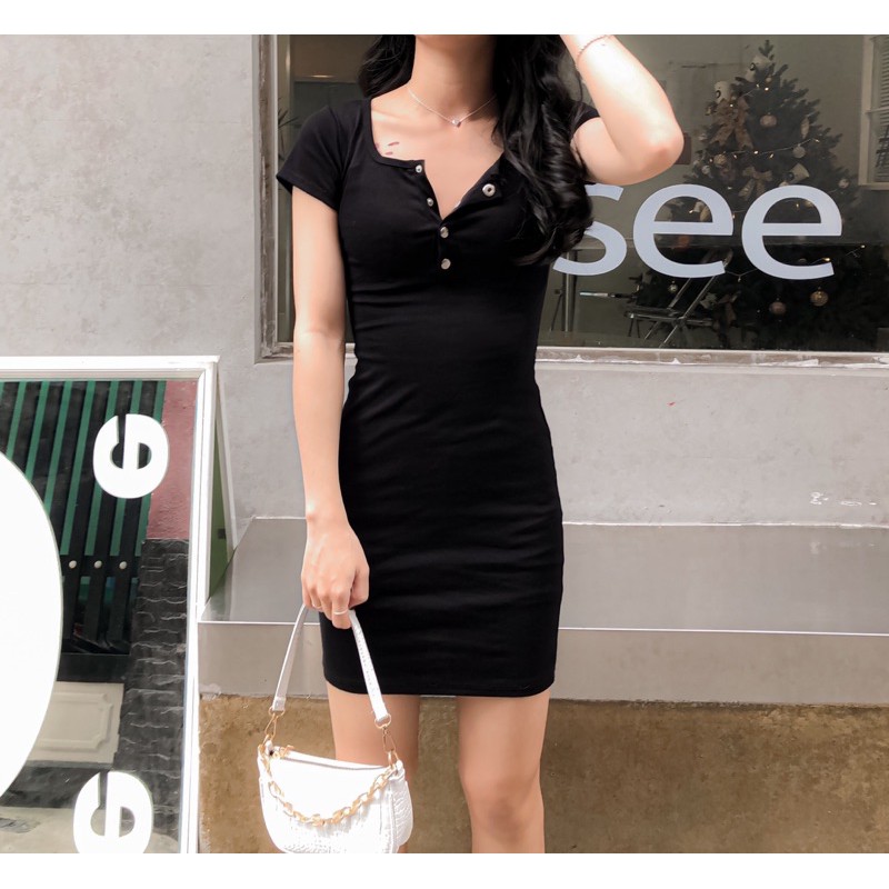 Đầm ôm sexy có nút cổ U🍓Hình thật📷đầm ôm dạo phố mặc 2 kiểu sexy và cổ U | BigBuy360 - bigbuy360.vn