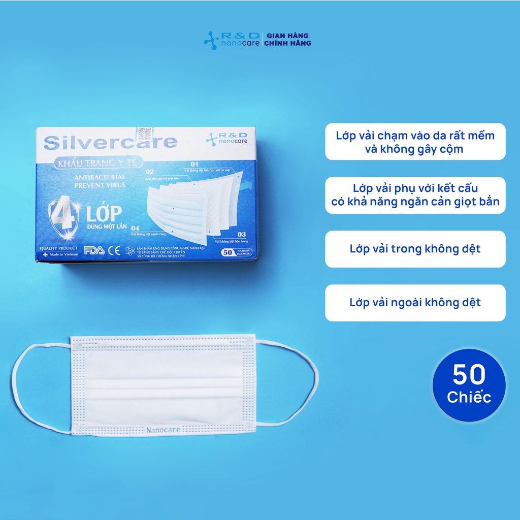 [HỘP-50 CÁI] Khẩu trang y tế kháng khuẩn 4 lớp SILVERCARE - Hàng chính hãng Nanocare R&amp;D