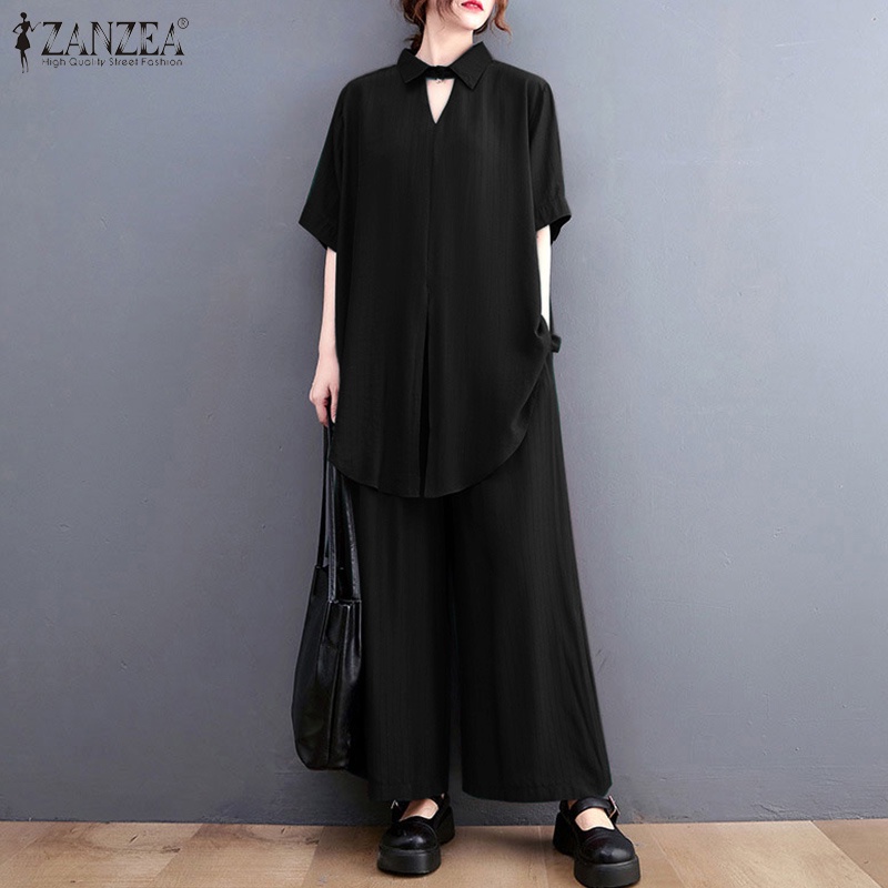 Set áo sơ mi tay ngắn và quần dài lưng thun ống rộng Zanzea phong cách retro cho nữ