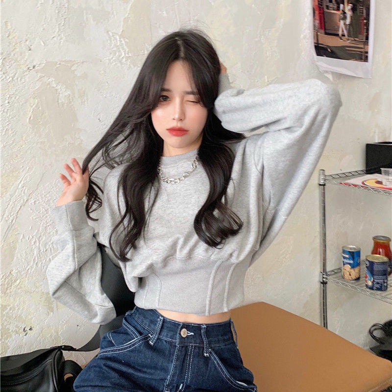 Áo sweater cổ tròn phối nhung dày thời trang thu đông Hàn Quốc mới cho nữ 2021