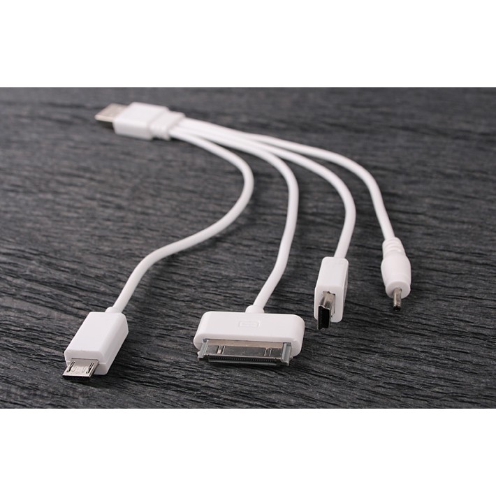 Cáp sạc 4 đầu dùng cho IP4s / micro usb / noki đầu nhọn 1280 / Đầu mini usb sạc máy nghe nhạc,loa bluetooth, Điện thoại.