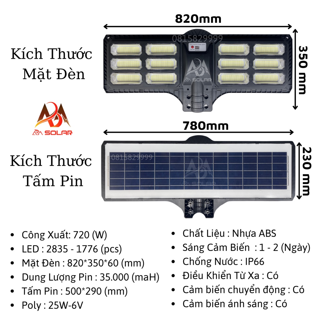 [720W] Đèn Năng Lượng Mặt Trời Tích Điện Tấm Pin Liền 720w Chống Nước IP67,Cảm Biến Chuyển Động ,LED Siêu Sáng - ABM