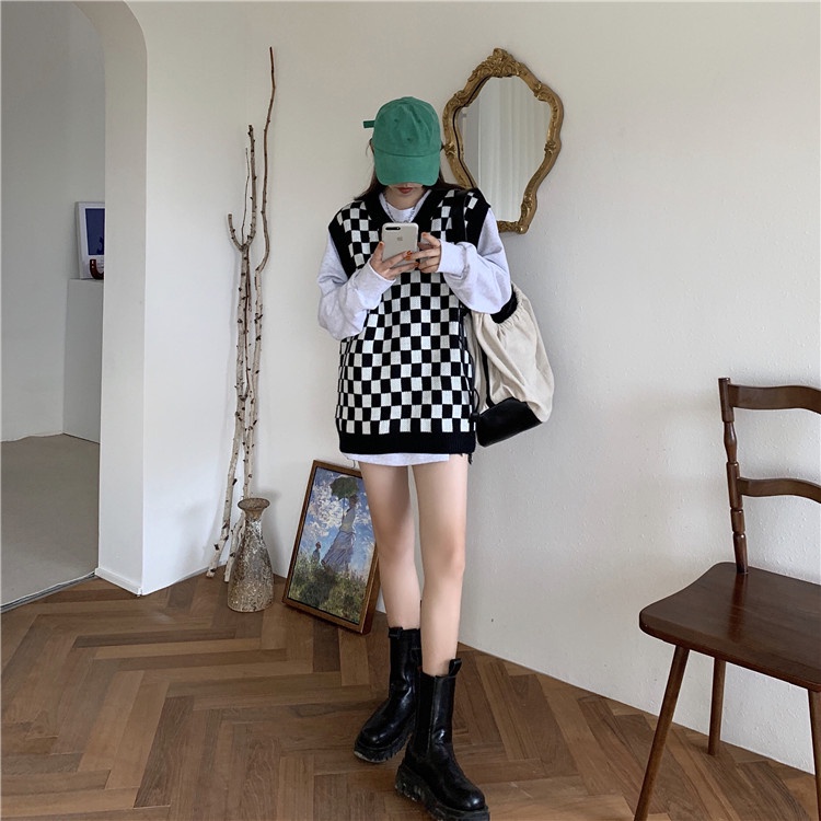 Áo dệt kim không tay cổ chữ V dáng rộng họa tiết sọc caro thời trang dành cho nữ