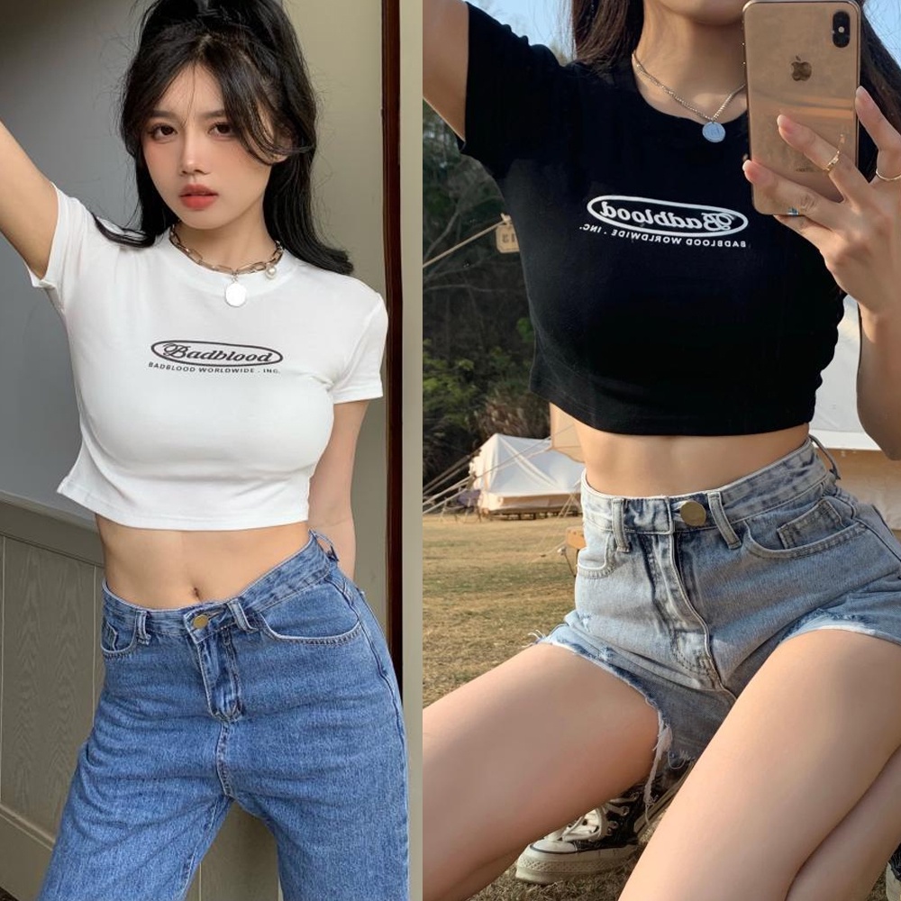 Áo Thun Crop Top Tay Ngắn Cổ Tròn In Chữ Màu Trắng Đen Thời Trang Cho Nữ