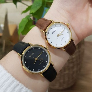 [FLASHSALE] Đồng Hồ Đôi Nam Nữ Halei 002 Mặt Đá Dây Da Đen Chính Hãng