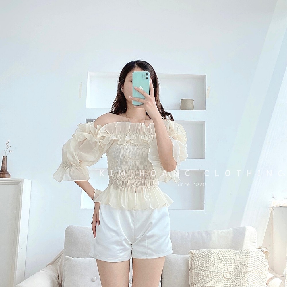 Áo trễ vai croptop bánh bèo sexy kiểu tay bồng bèo nhún (Tơ 4 màu)