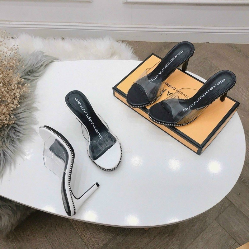 Guốc mica viền bi lót chữ WA gót nhọn 8p (hàng đẹp)