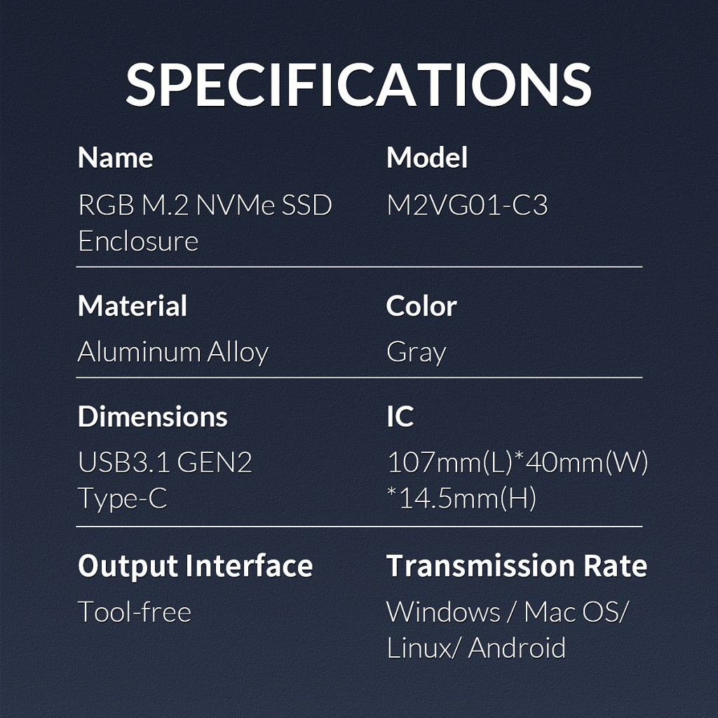 Box ổ cứng di động SSD M2 NVMe ORICO M2VG01-C3 LED RGB | Chuyển M.2 PCIe to USB 3.1 Type-C 10Gbps