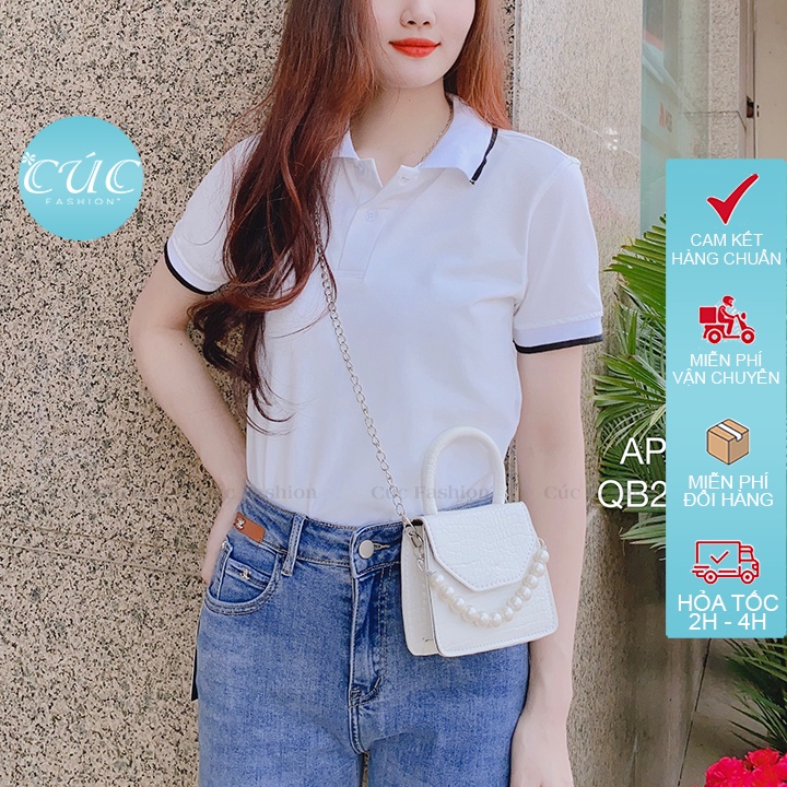 Áo phông polo nữ CÚC FASHION tay ngắn vải thun cotton thời trang công sở đẹp đen trắng đi học cá sấu viền cổ tay AP130