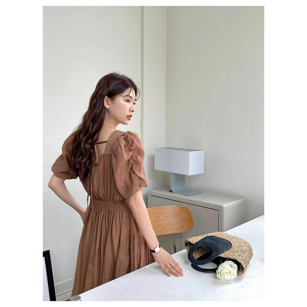 Đầm Tay Phồng Xếp Ly Màu Trơn Phong Cách Pháp Cổ Điển Thời Trang Mùa Hè Kiểu Mới 64057