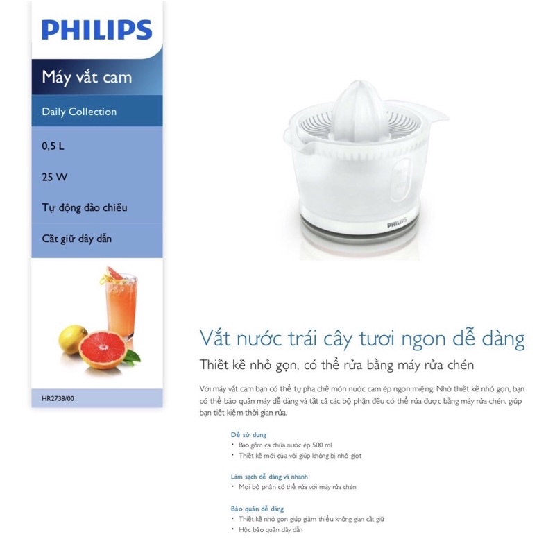Máy vắt cam Philips HR2738 - Hàng chính hãng - Bảo hành 24 tháng