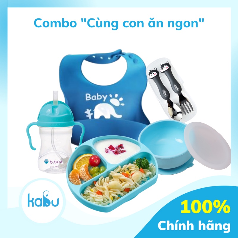 KABU - Combo Ăn Dặm "Cùng con ăn ngon" | Set Dụng Cụ Ăn Dặm Đầy Đủ Khay-Yếm-Bát-Bình-Thìa Dĩa