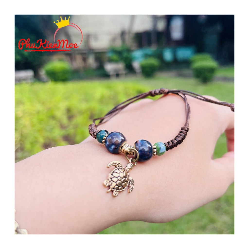 Vòng tay dây rút hình rùa biển hạt thổ cẩm PhuKienMoe handmade