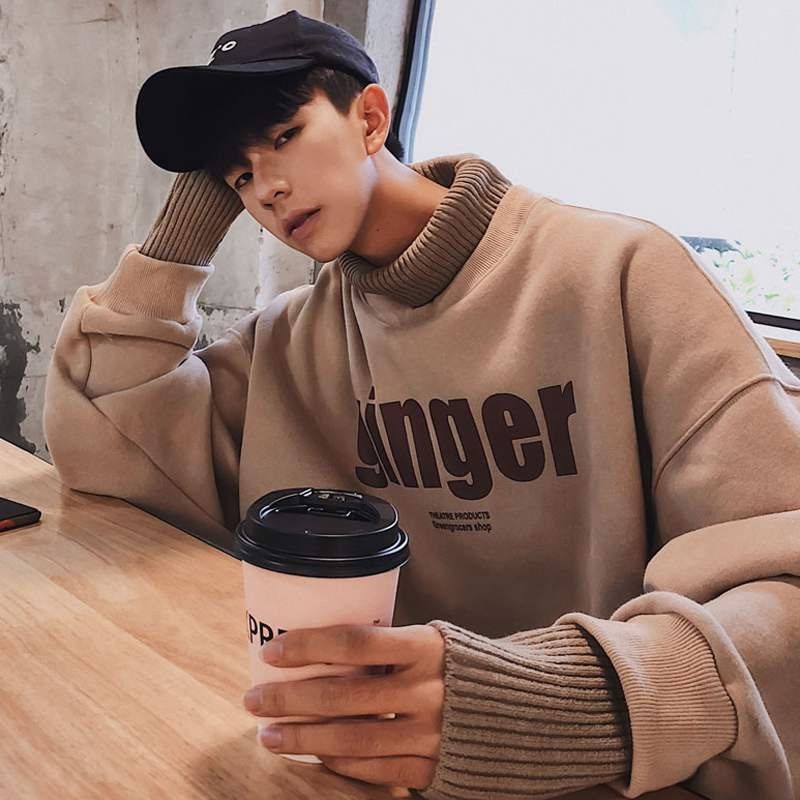 Áo sweater giả hai lớp cổ cao dáng rộng chất nhung dày ấm áp thời trang thu đông cho nam