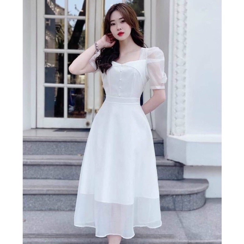 Váy Đầm Voan Tay Nơ Dáng Dài có Kết Cườm - Đầm Dài Tiểu Thư Tay Lở Phối Voan, Voan Chiffon có lót bên trong
