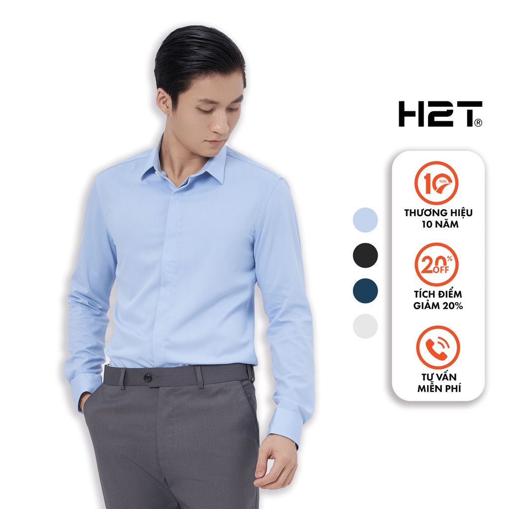 Áo Sơ Mi Nam Dài Tay H2T Kiểu Dáng Slim Fit, Chất Liệu Cao Cấp MUSLAND Vải Bamboo, Phần Nẹp Áo Che Cúc Ấn 1415