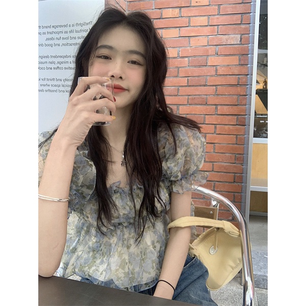 Cocory vn Áo Kiểu Trễ Vai Tay Phồng Họa Tiết Hoa Dáng Ôm Thời Trang Mùa Hè Cho Nữ