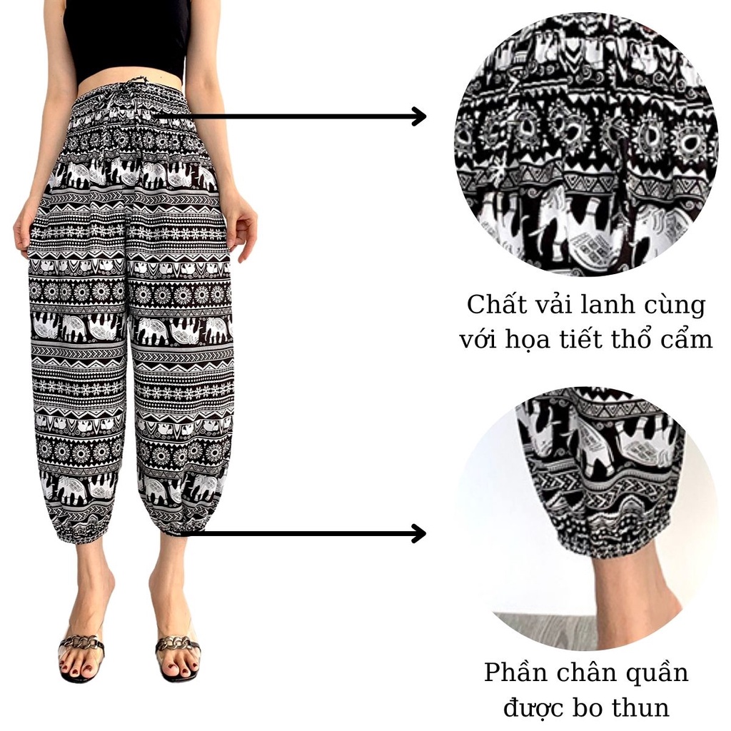 Quần lanh ống rộng họa tiết thổ cẩm AMYRA - Quần ống rộng mặc nhà có bo chân trung niên,cho mẹ,trẻ đều được Q012