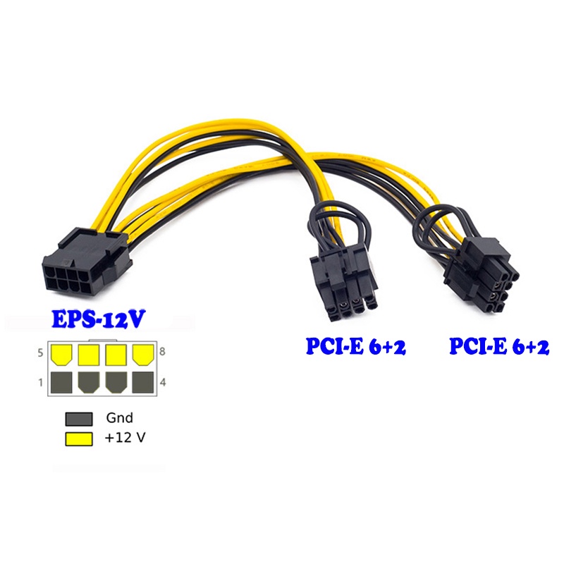 Set 5 Dây Cáp Nguồn Eps Cpu 12v 8 Pin Sang 8 (6 + 2) Cho Card Mining 20cm