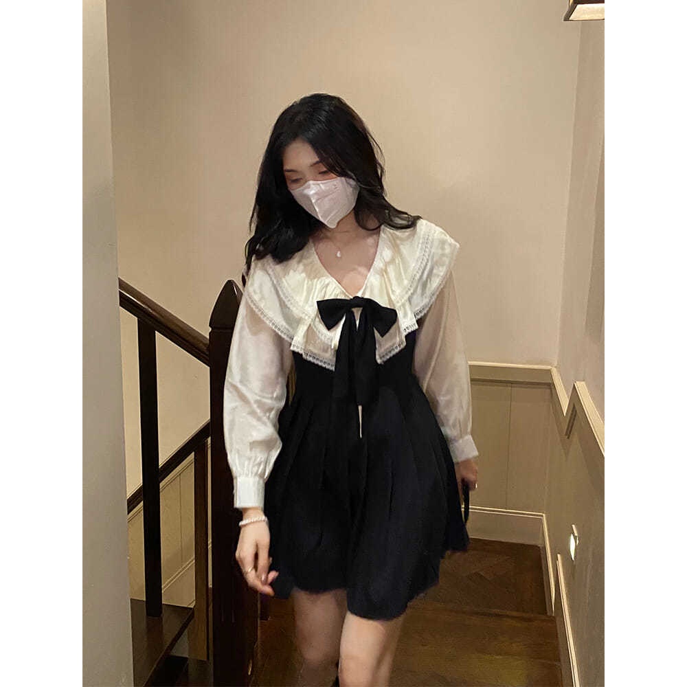 Áo sơ mi thắt nơ/đầm xếp ly phong cách đại học cho nữ